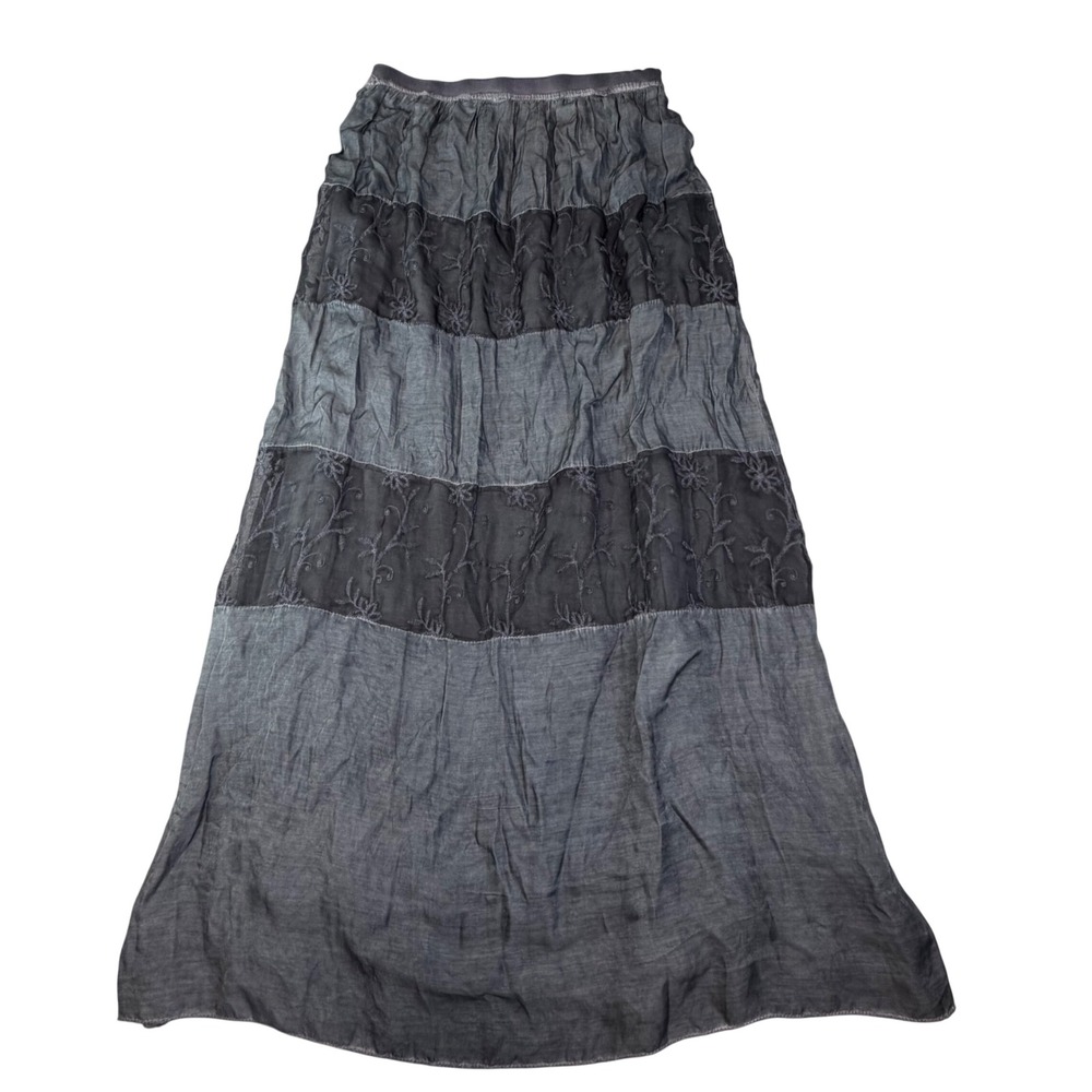 Cosmo M Made in Italy Silk Blend Tiered Maxi Skirt Gray Blue Lagenlook Boho S